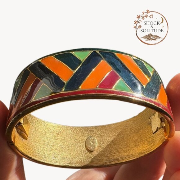 Vintage YSL Yves Saint Laurent Enamel Mosaic Hinged Cuff (c. 1970s–80s)✨ - Picture 1 of 11